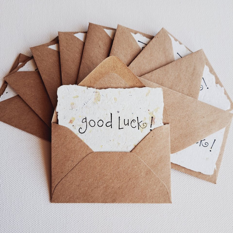 10 "Good Luck" Mini Handmade Cards with Recycled Envelopes, Paper Notes for students, mentor encouragement, teacher motivation messages,