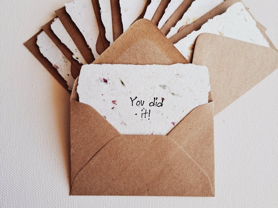 10 Congratulations Mini Cards with Envelopes for Teachers, Parents, Friends. Handmade Recycled Paper "You Did it!" notes