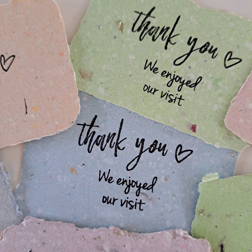 10 Mini cafe thank you notes on Handmade Recycled Paper. Appreciation messages for hosts guests patrons restaurants visitors and events