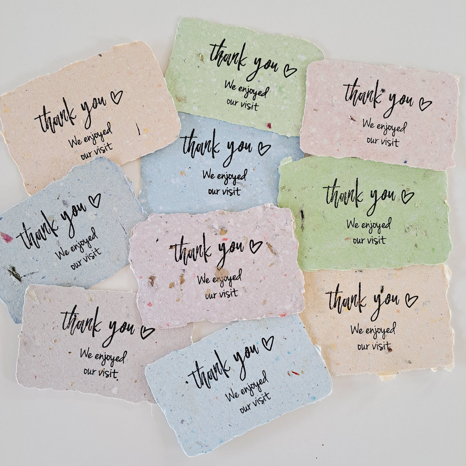 10 Mini cafe thank you notes on Handmade Recycled Paper. Appreciation messages for hosts guests patrons restaurants visitors and events