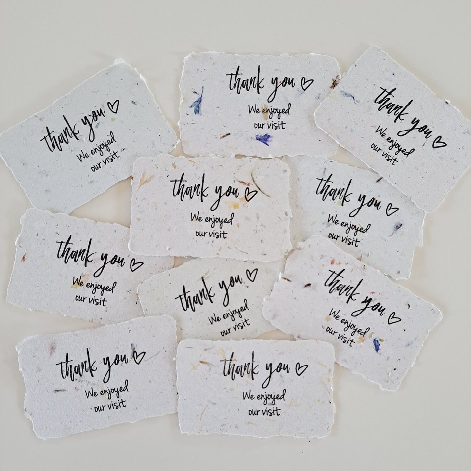 10 Mini cafe thank you notes on Handmade Recycled Paper. Appreciation messages for hosts guests patrons restaurants visitors and events