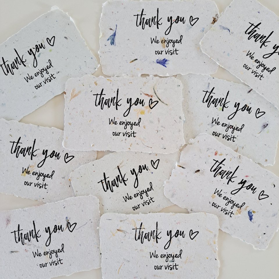 10 Mini cafe thank you notes on Handmade Recycled Paper. Appreciation messages for hosts guests patrons restaurants visitors and events