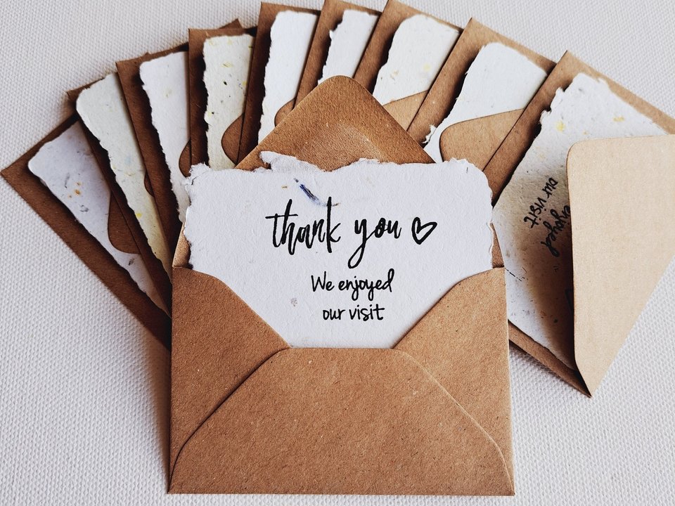 10 Mini Guest thank you Cards with Envelopes, Handmade Recycled Paper appreciation messages for host, guests, patrons, restaurants, visitors