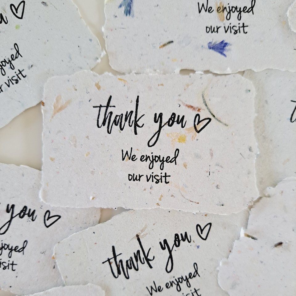 10 Mini cafe thank you notes on Handmade Recycled Paper. Appreciation messages for hosts guests patrons restaurants visitors and events