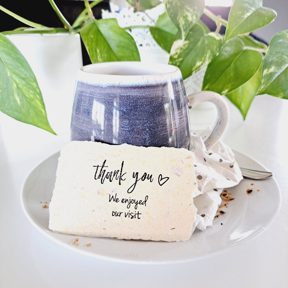 10 Mini cafe thank you notes on Handmade Recycled Paper. Appreciation messages for hosts guests patrons restaurants visitors and events