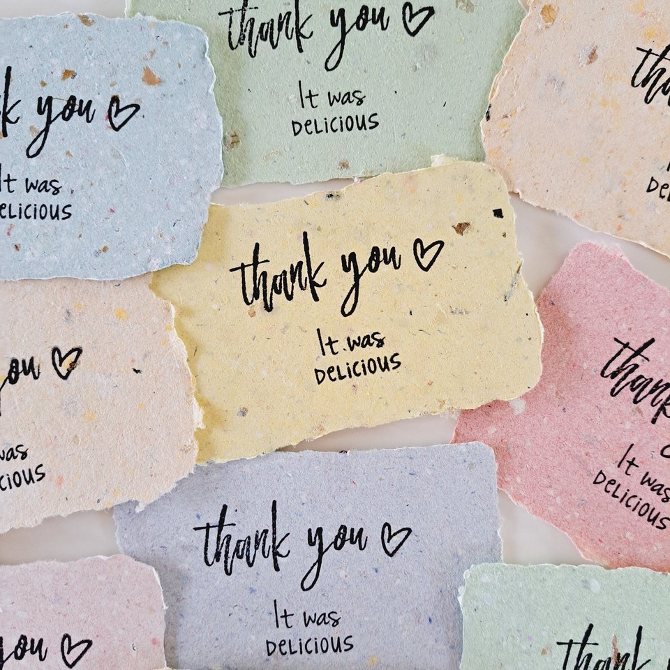 10 Mini cafe notes "Thank you, it was delicious", Handmade Recycled Paper gratitude messages for diners, restaurants, visitors and chefs