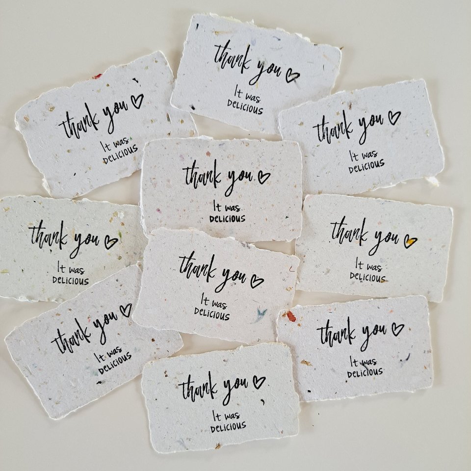 10 Mini cafe notes "Thank you, it was delicious", Handmade Recycled Paper gratitude messages for diners, restaurants, visitors and chefs