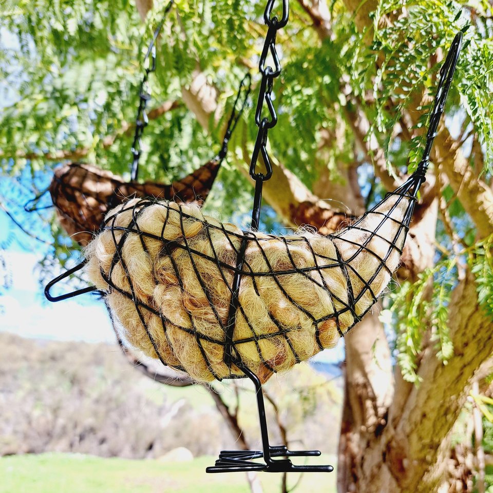 Larger Llama fibre bird nester for outdoor gift. Idea for home gardener and nature lover full of natural nest material for nesting birds