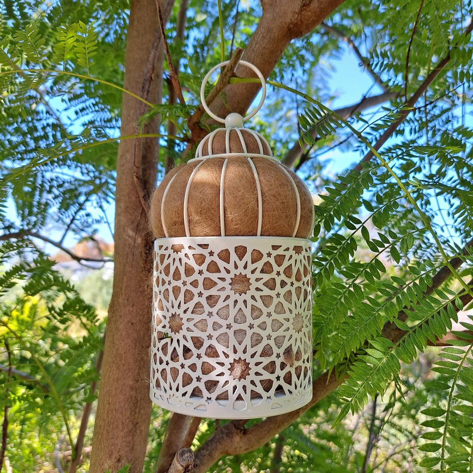 Bird Nester for backyard birds. Housewarming gift with llama fiber nest building material from Australia. Outdoor Lantern Style