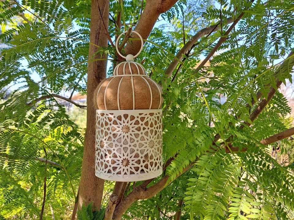 Bird Nester for backyard birds. Housewarming gift with llama fiber nest building material from Australia. Outdoor Lantern Style