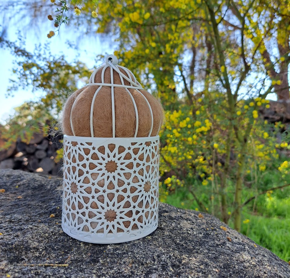 Bird Nester for backyard birds. Housewarming gift with llama fiber nest building material from Australia. Outdoor Lantern Style