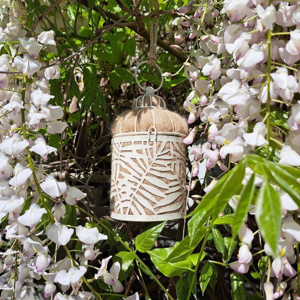 Bird Nester packed with Llama Fiber Nesting Material to for Native Birds in your Garden. Outdoor lantern Gift Idea for nature lover