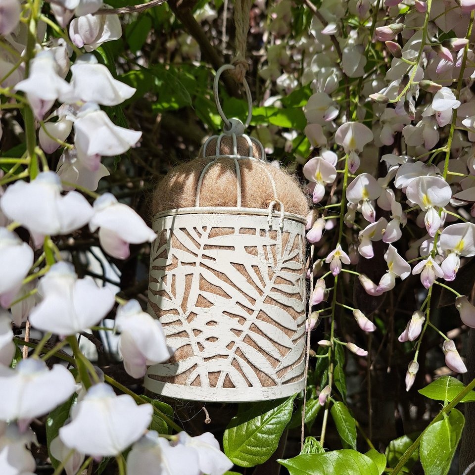 Bird Nester packed with Llama Fiber Nesting Material to for Native Birds in your Garden. Outdoor lantern Gift Idea for nature lover