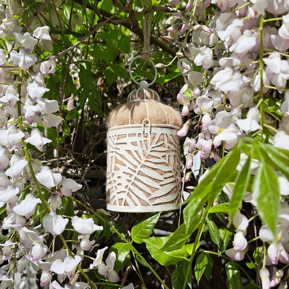 Bird Nester packed with Llama Fiber Nesting Material to for Native Birds in your Garden. Outdoor lantern Gift Idea for nature lover