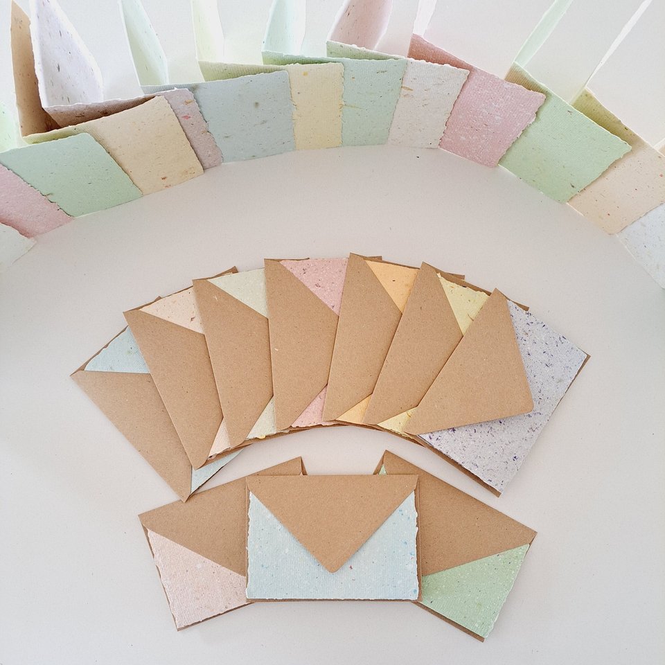 4 x Blank Handmade Recycled Paper Cards with brown envelopes. Card Making Supplies, Homemade