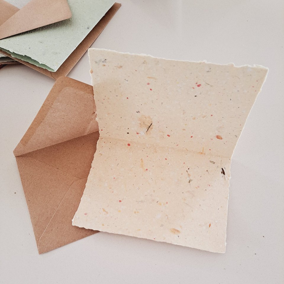 4 x Blank Handmade Recycled Paper Cards with brown envelopes. Card Making Supplies, Homemade