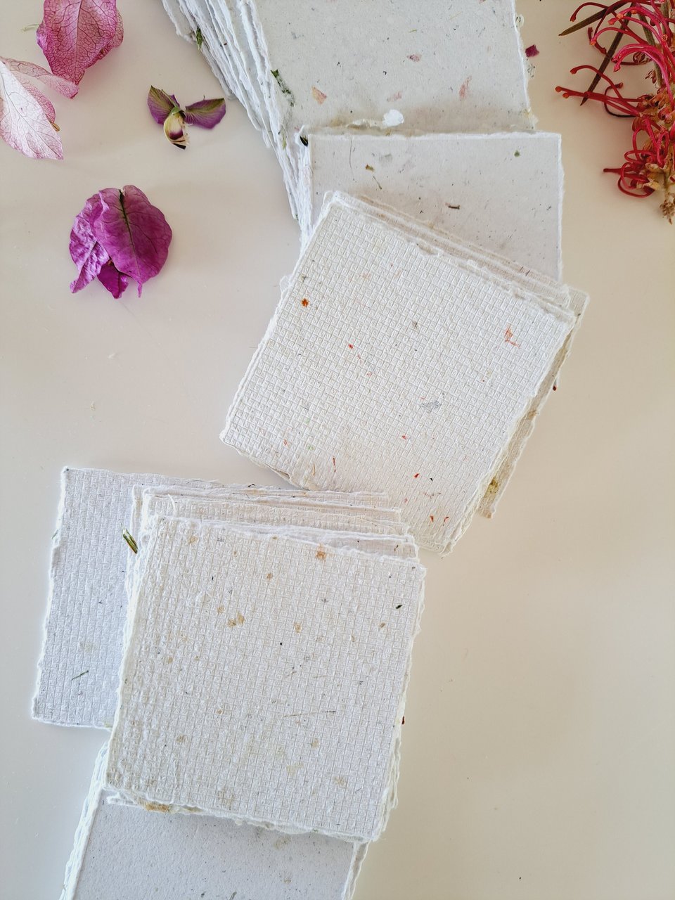 Botanical Handmade Recycled Paper - Neutral Tones, torn and Deckle Edges (2.5x2.5", 100 Sheets)