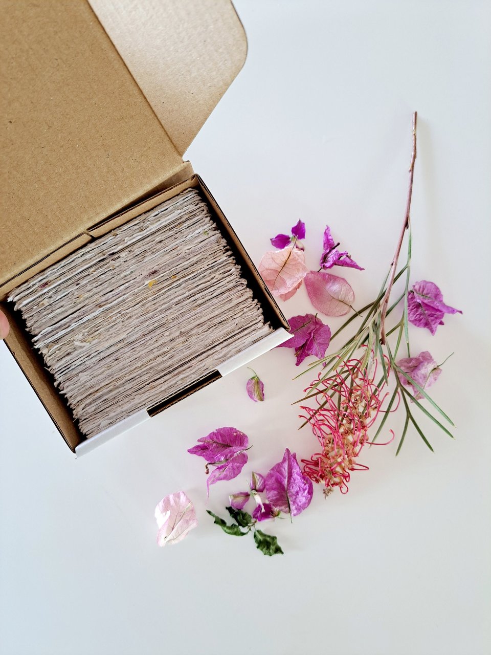 Box of 100 Sheets of 2.5 x3.5" Handmade Recycled Paper in Neutral tones, many with botanicals throughout