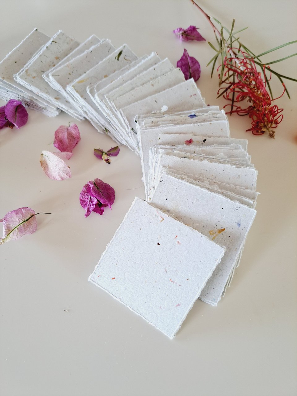 Botanical Handmade Recycled Paper - Neutral Tones, torn and Deckle Edges (2.5x2.5", 100 Sheets)