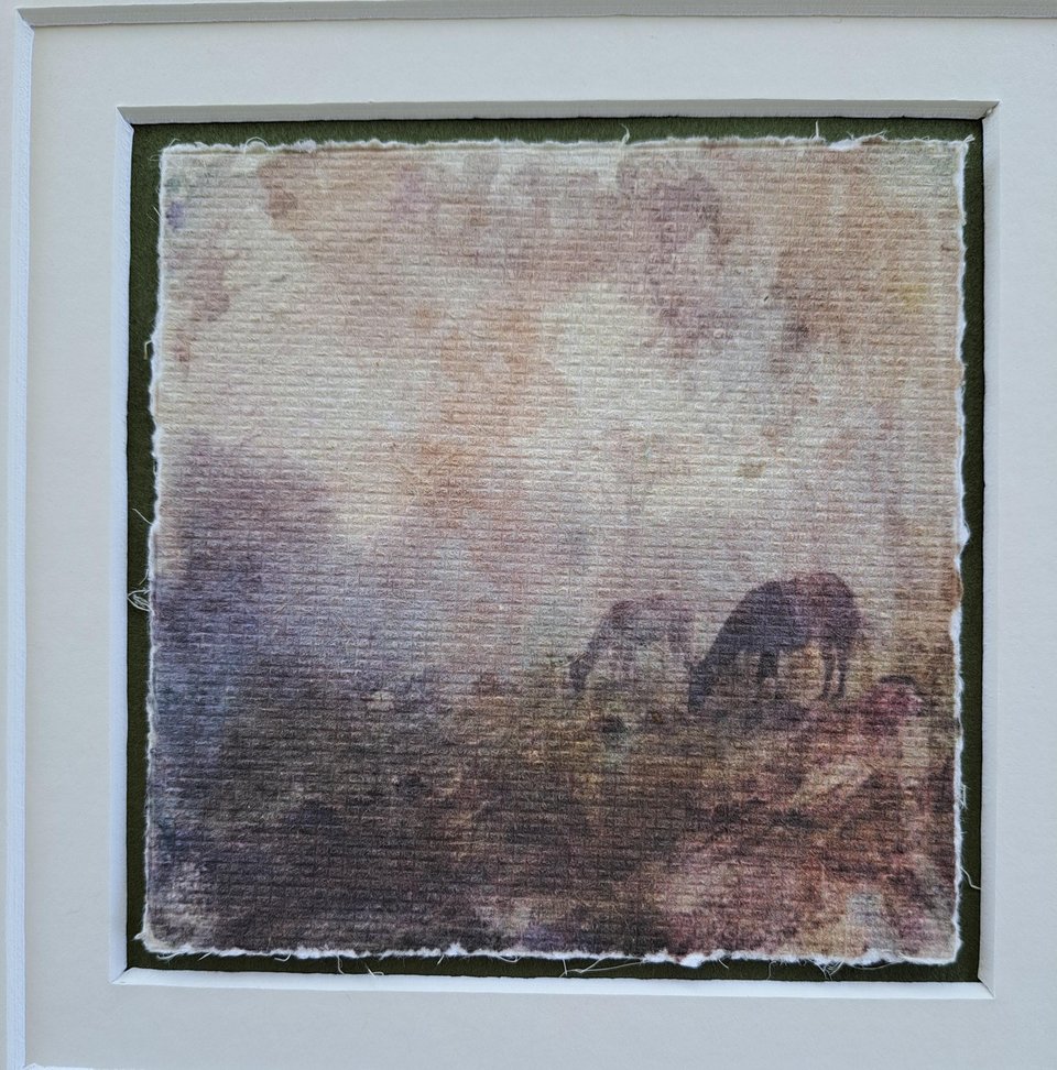 Mini llama artwork "Grazing in the Mist"
