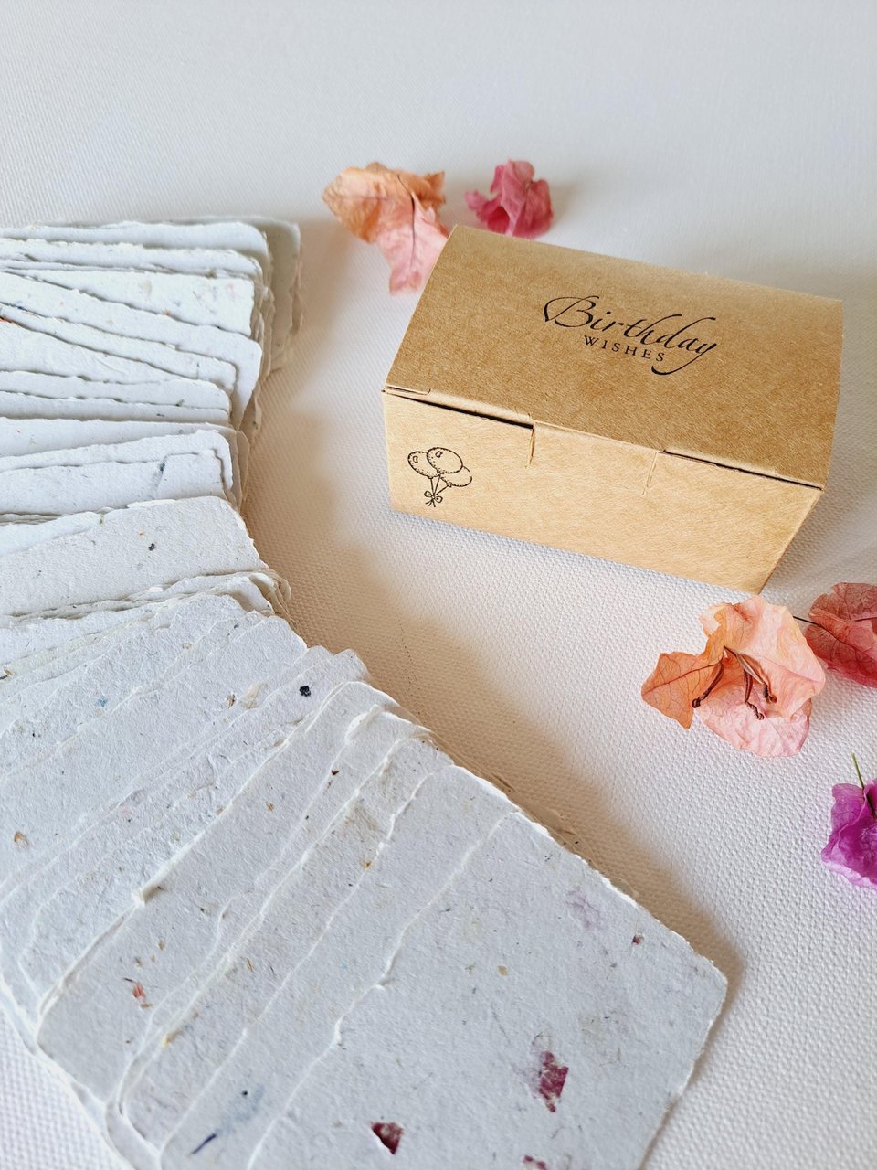 Little box of Birthday Wishes. 50 blank deckle edge paper. Mini Handmade Recycled 2x3 sheets, Neutral tones, for guests to write on at party