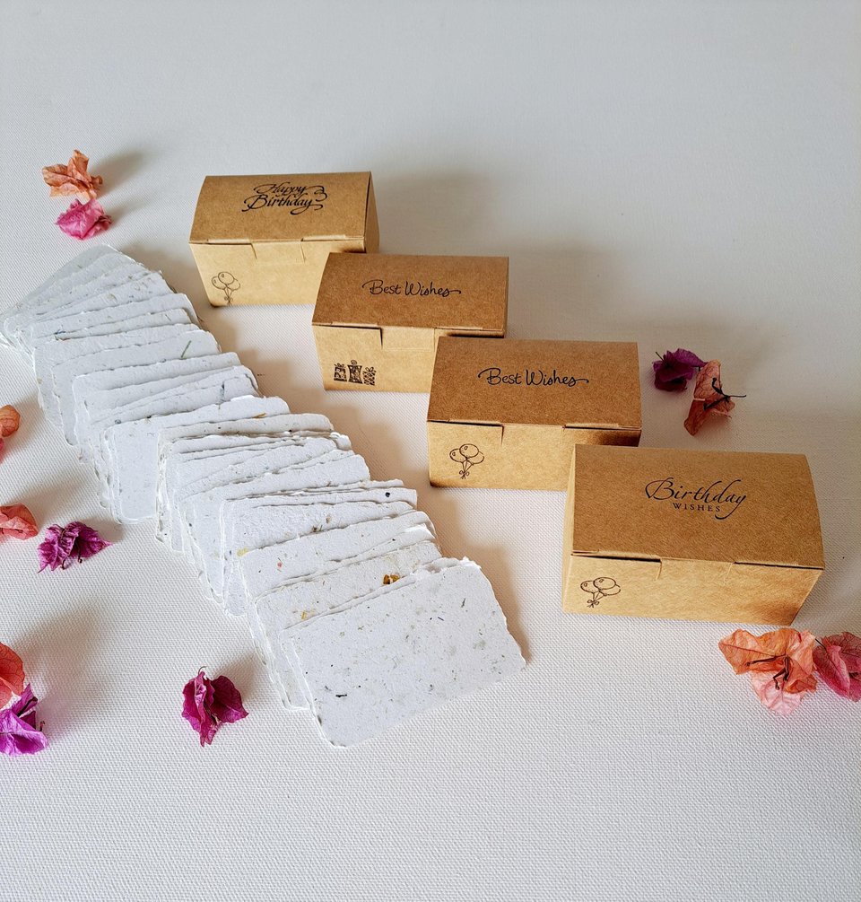 Little box of Birthday Wishes. 50 blank deckle edge paper. Mini Handmade Recycled 2x3 sheets, Neutral tones, for guests to write on at party