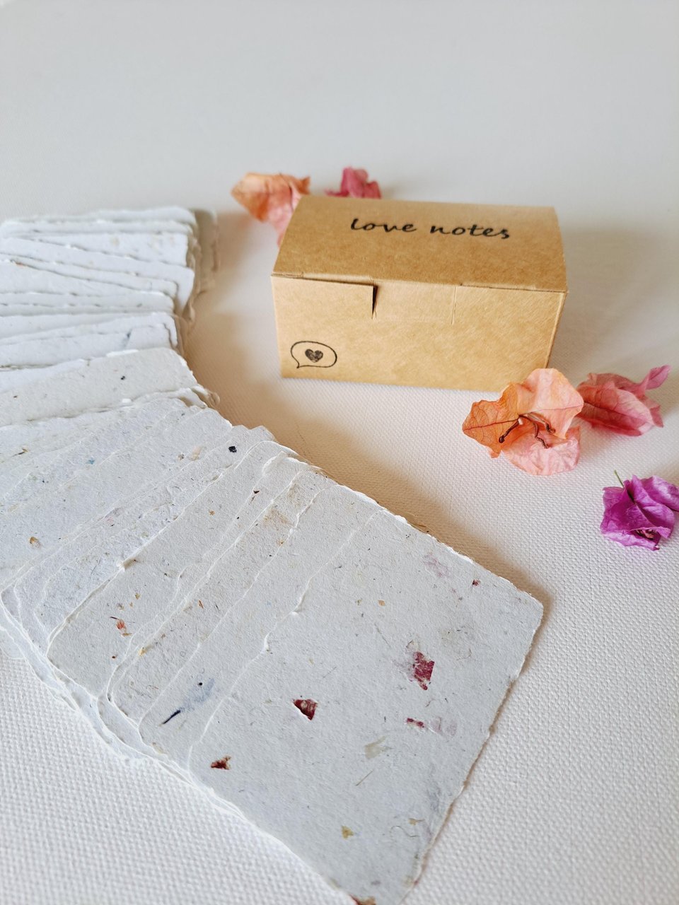 Little Box of Love Notes. 50 blank deckle edge papers. Mini Handmade Recycled 2x3 sheets, Neutral tones, for messages of love