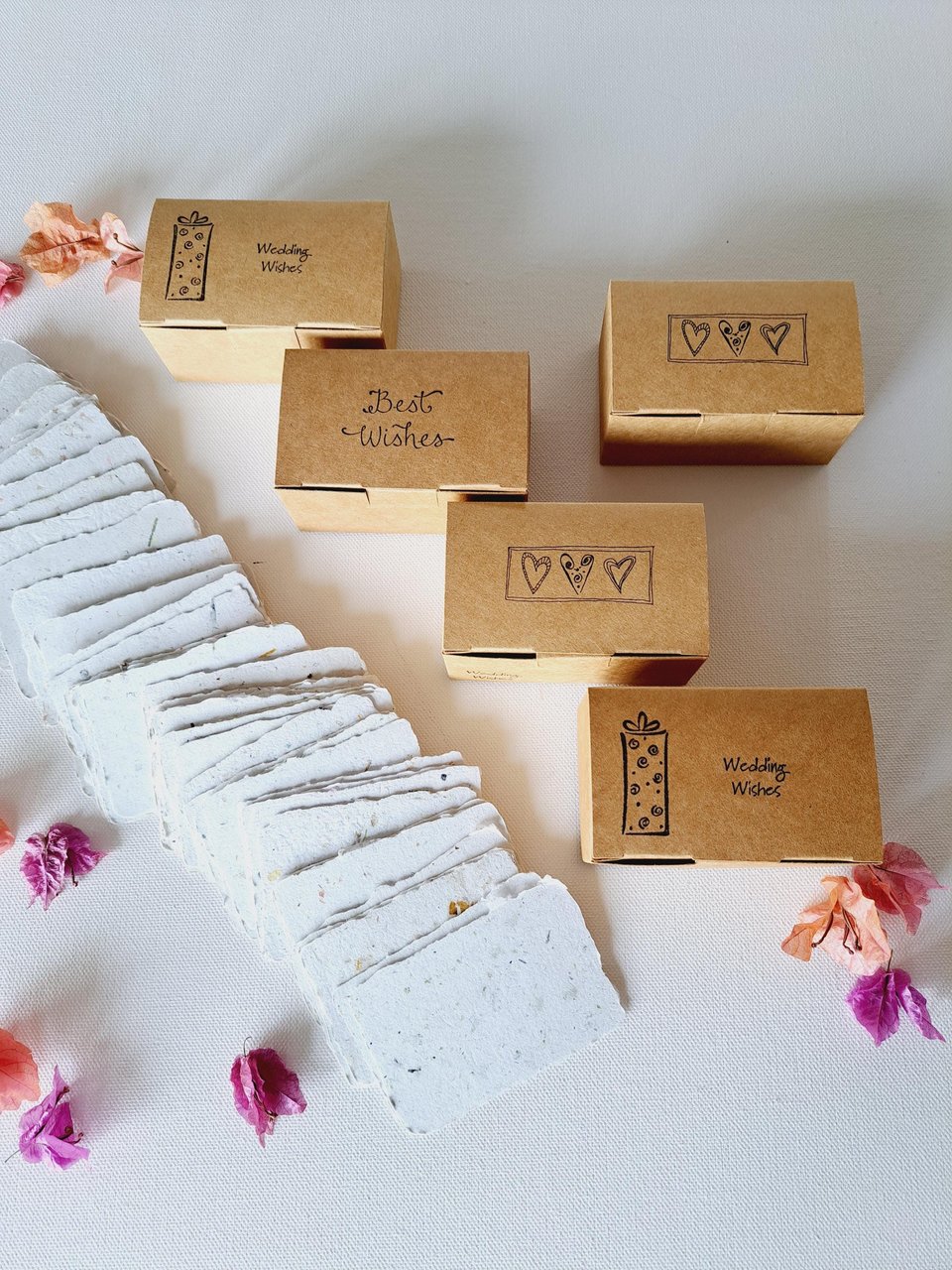 Little box of Wedding Wishes. Mini Handmade Recycled 2x3 sheets, Neutral tones, for guests to write on. 50 blank deckle edge papers