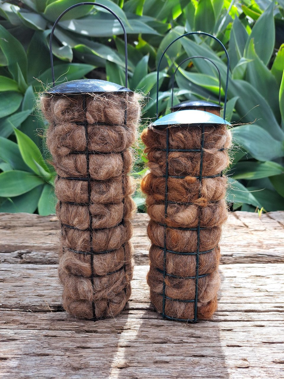 Bird Nester. Llama Fibre Nesting Material for backyard bird nests and birdhouses. SMALLER VERSION green metal hanging holder.