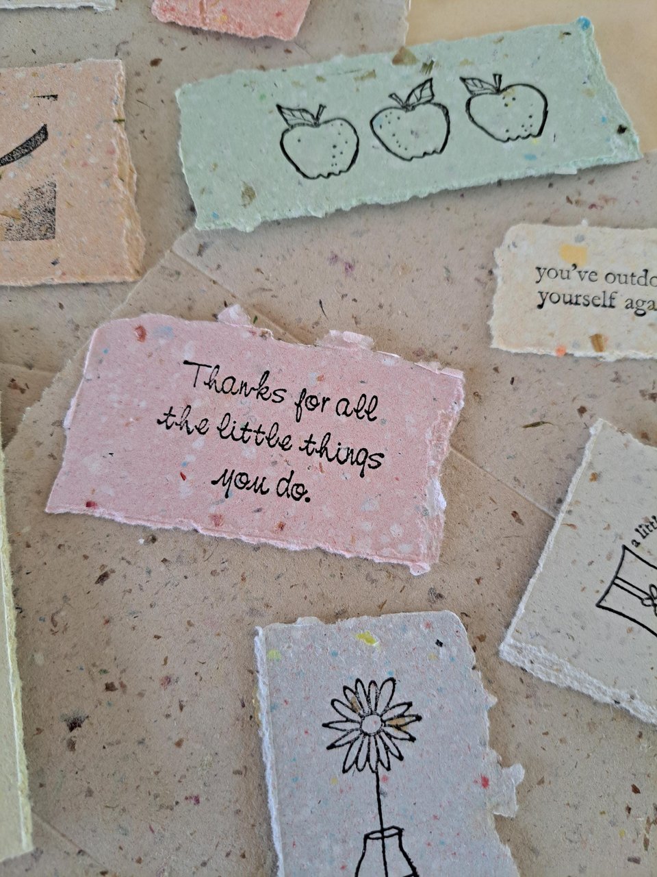Hand Stamped Ephemera: Handmade Recycled Paper Pieces for Junk Journals, scrapbooks - 20 pieces