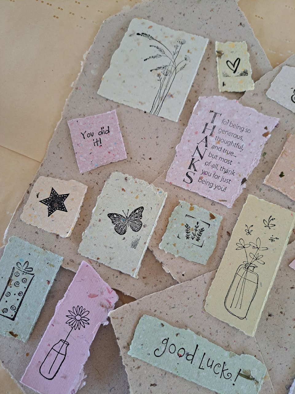 Hand Stamped Ephemera: Handmade Recycled Paper Pieces for Junk Journals, scrapbooks - 20 pieces