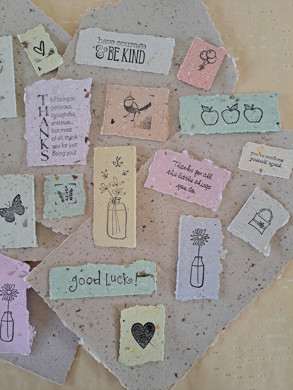 Hand Stamped Ephemera: Handmade Recycled Paper Pieces for Junk Journals, scrapbooks - 20 pieces