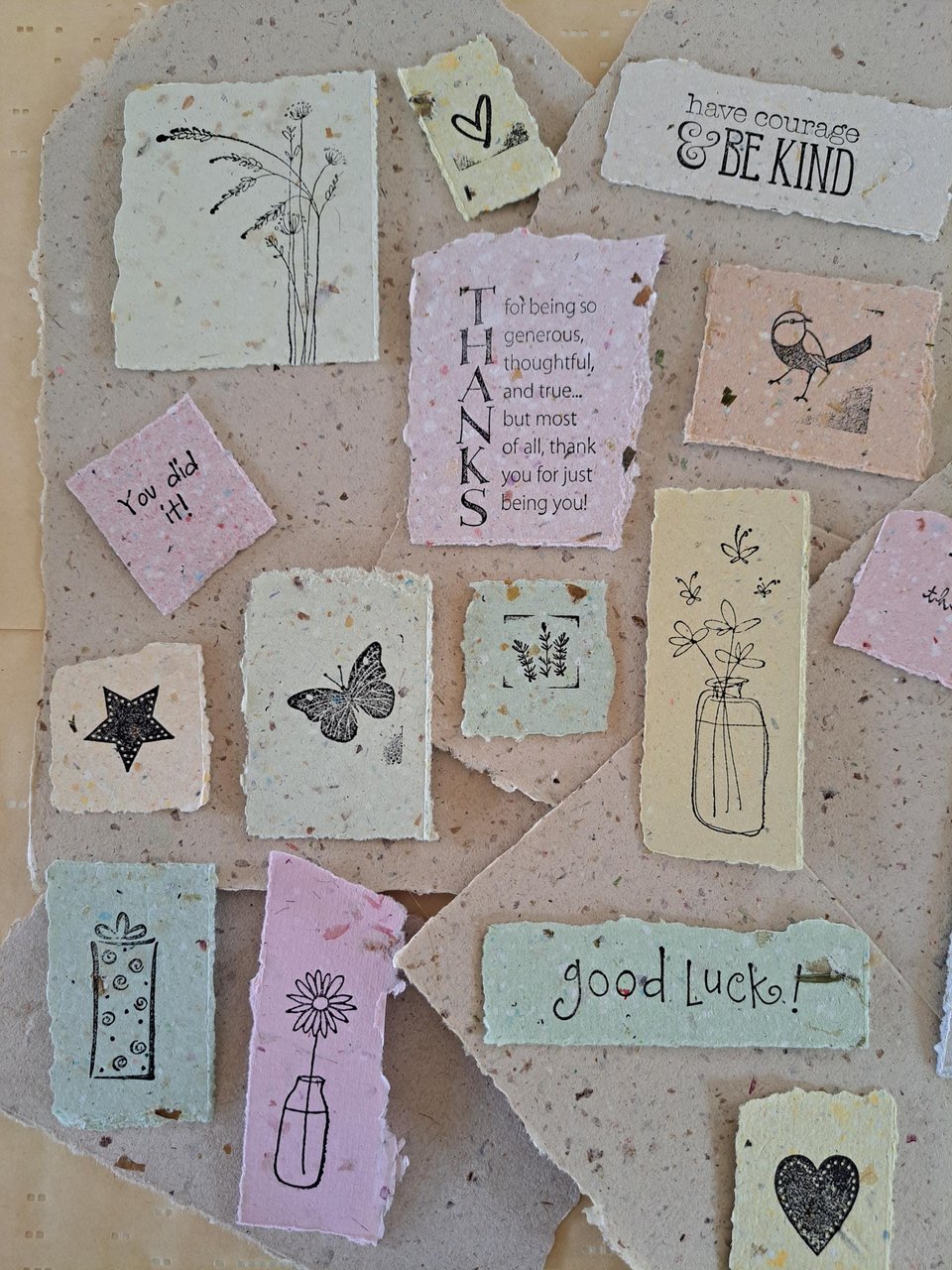Hand Stamped Ephemera: Handmade Recycled Paper Pieces for Junk Journals, scrapbooks - 20 pieces