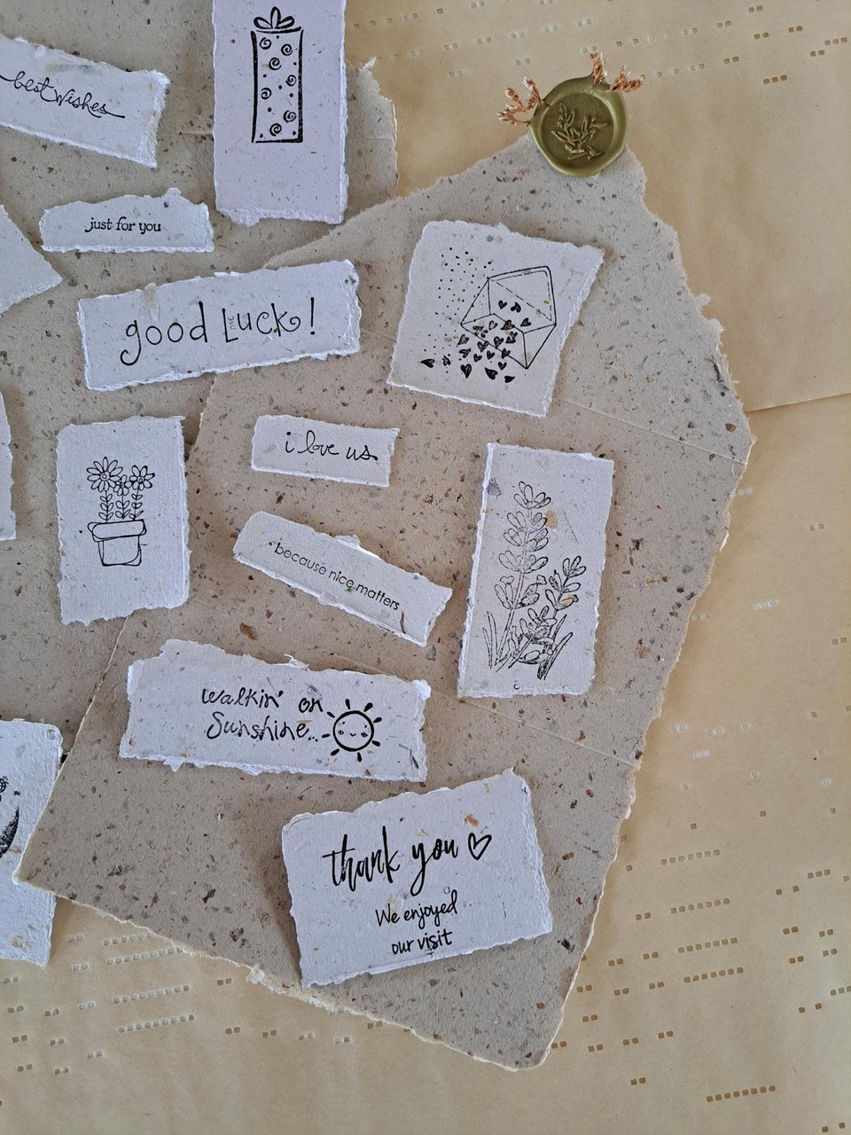 Ephemera - 20 pieces of hand stamped, handmade recycled paper for vintage junk journal and scrapbooks