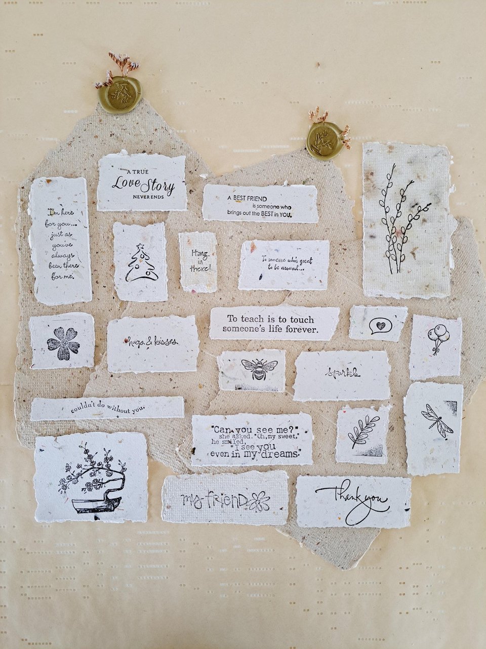 20 small pieces of Hand Stamped handmade Recycled Paper Ephemera for Junk Journals