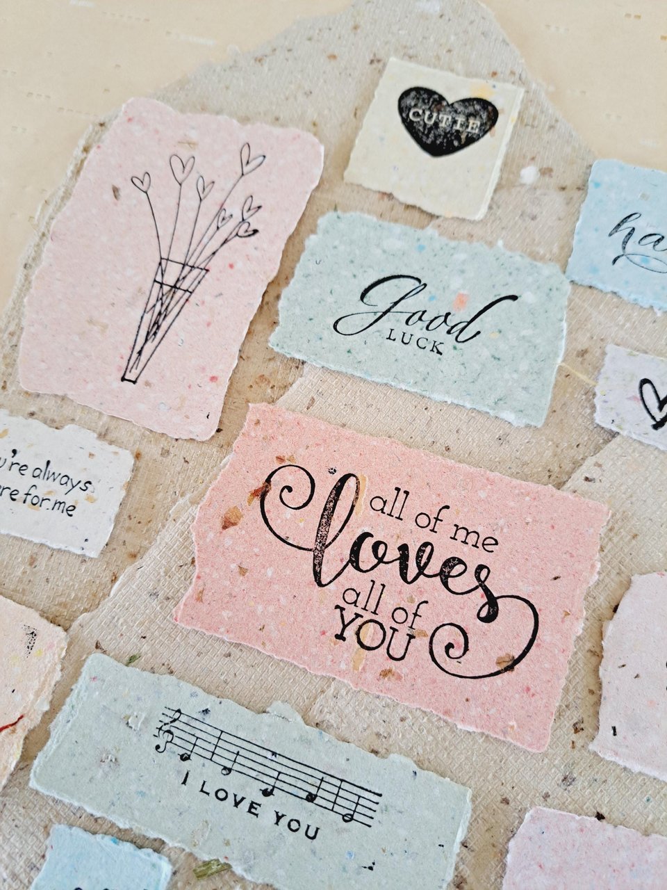 Handmade Stamped Recycled Paper Ephemera Pack: Junk Journal Supplies, 20 small pieces