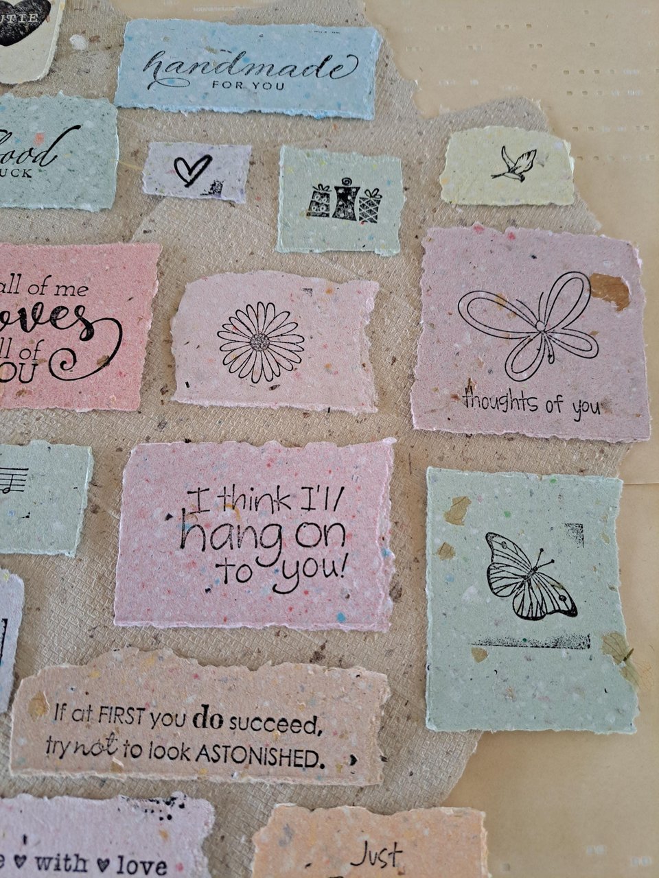 Handmade Stamped Recycled Paper Ephemera Pack: Junk Journal Supplies, 20 small pieces