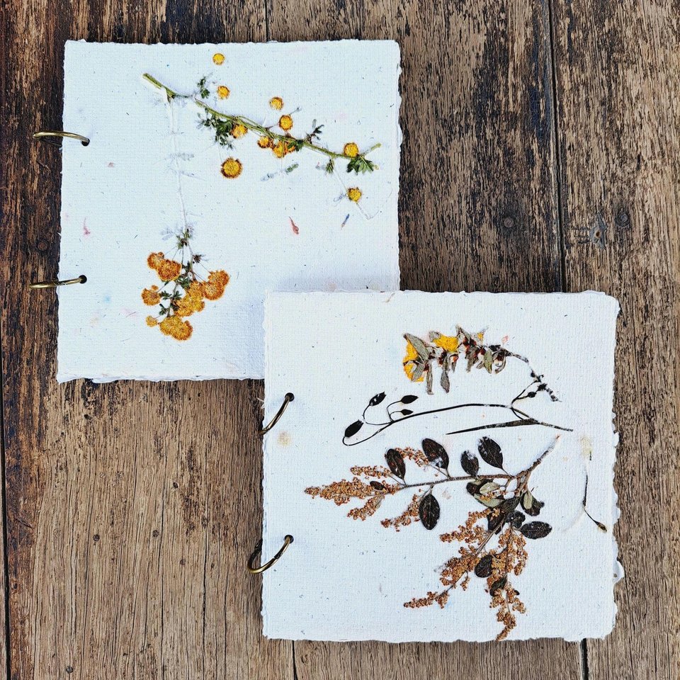 Handmade recycled paper journal / notebook with dried flower cover, binder rings and pages with botanicals / petals. Extra pages available.