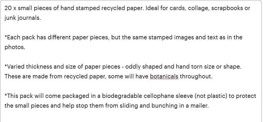 20 small pieces of Hand Stamped handmade Recycled Paper Ephemera for Junk Journals