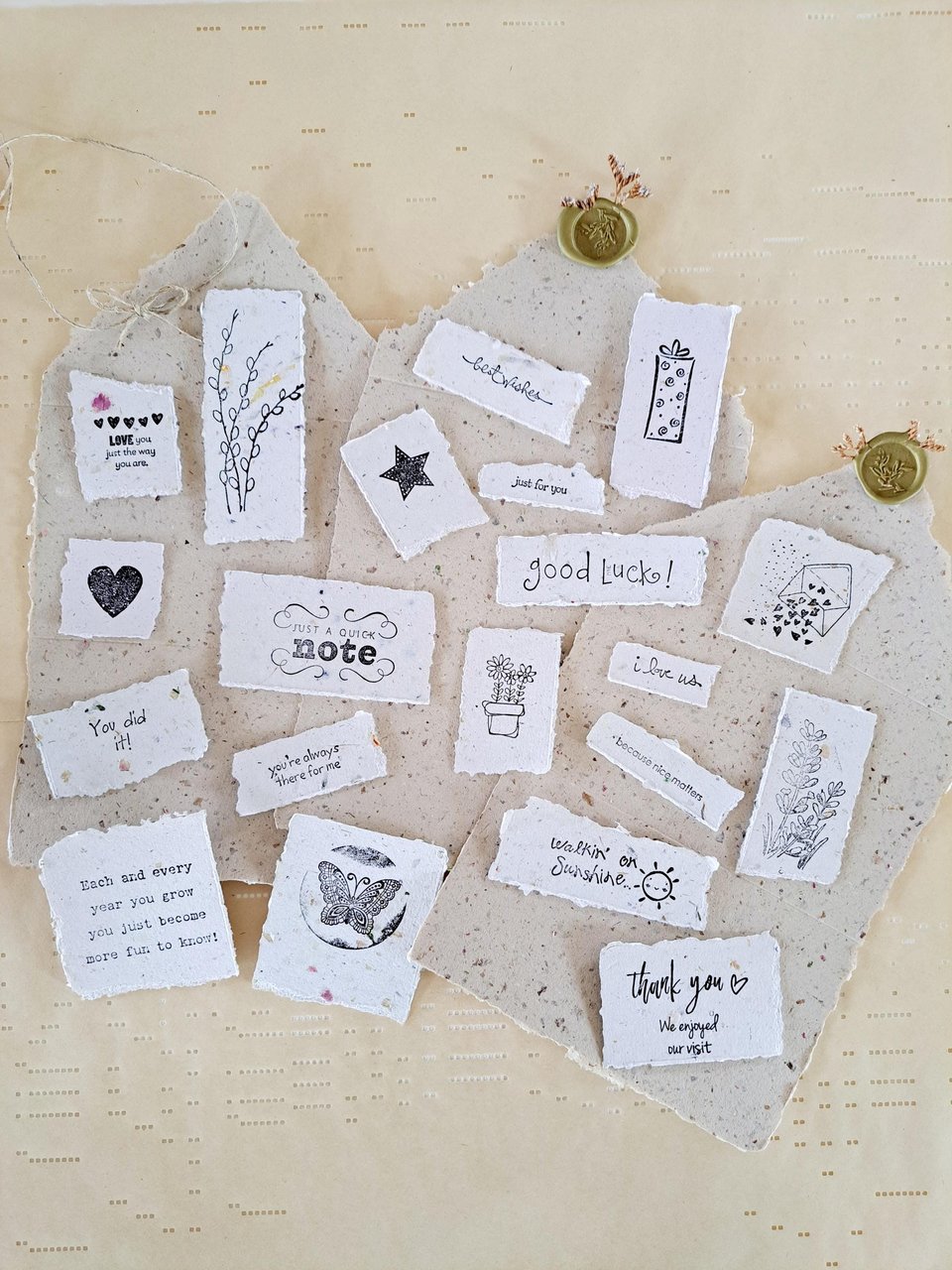 Ephemera - 20 pieces of hand stamped, handmade recycled paper for vintage junk journal and scrapbooks