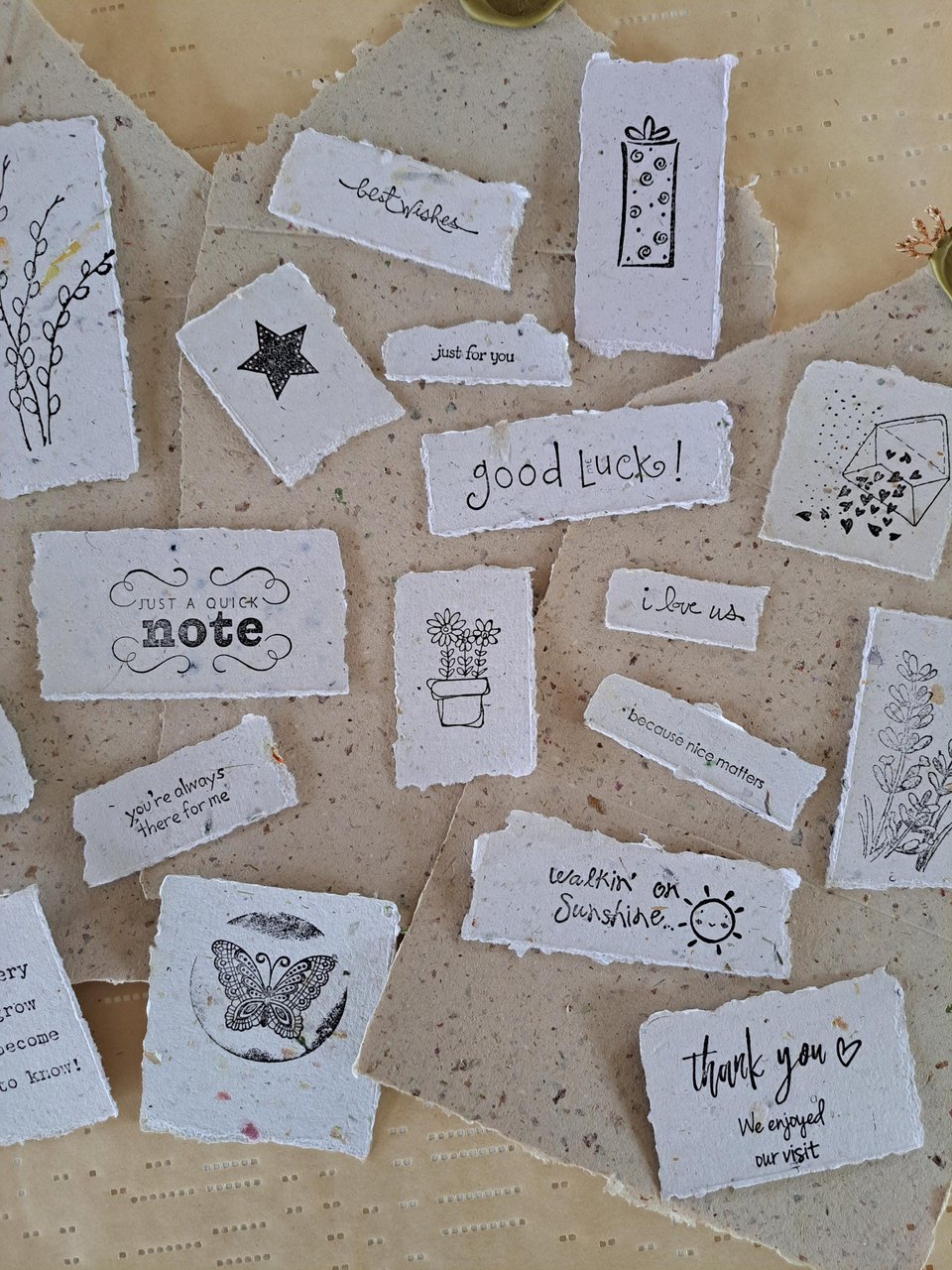 Ephemera - 20 pieces of hand stamped, handmade recycled paper for vintage junk journal and scrapbooks