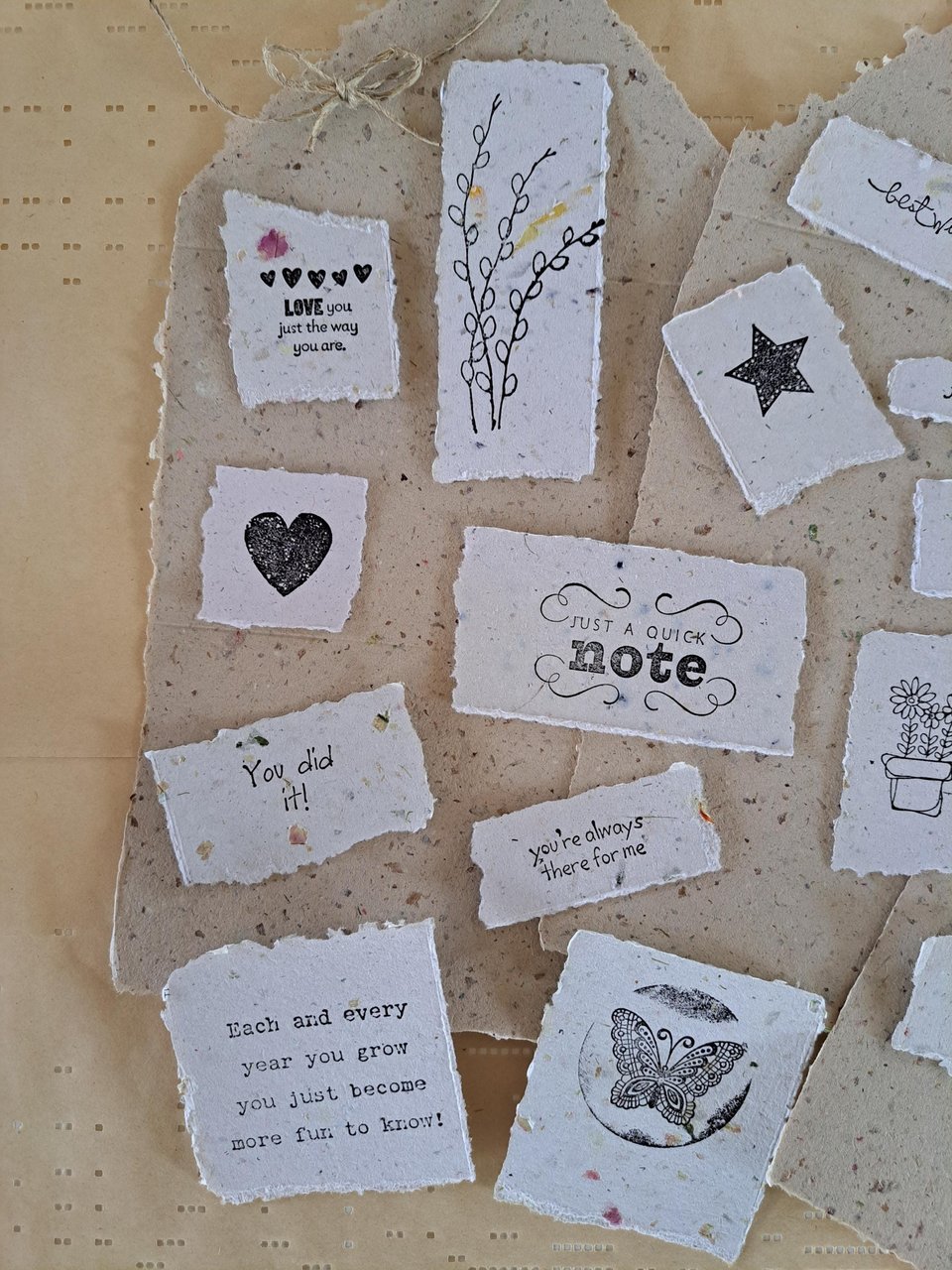 Ephemera - 20 pieces of hand stamped, handmade recycled paper for vintage junk journal and scrapbooks