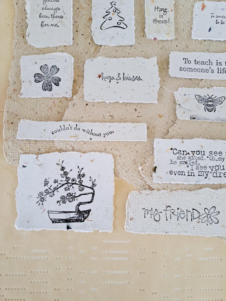 20 small pieces of Hand Stamped handmade Recycled Paper Ephemera for Junk Journals