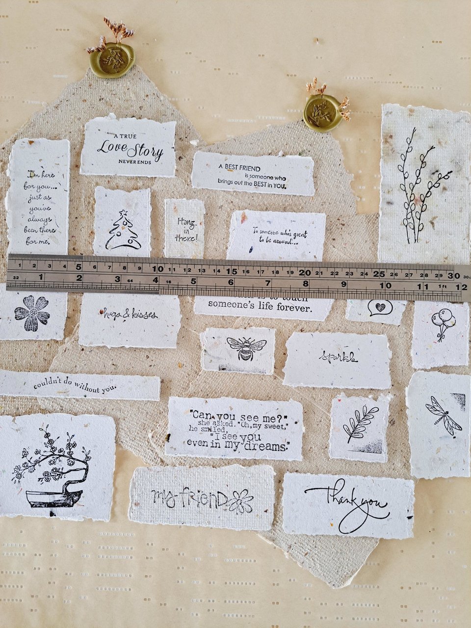20 small pieces of Hand Stamped handmade Recycled Paper Ephemera for Junk Journals