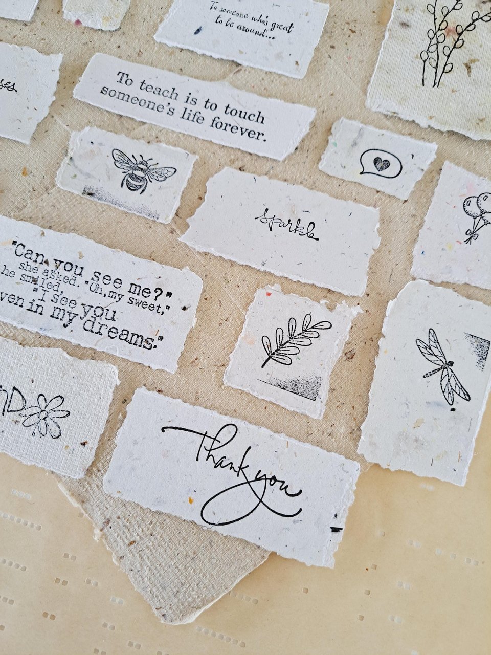 20 small pieces of Hand Stamped handmade Recycled Paper Ephemera for Junk Journals