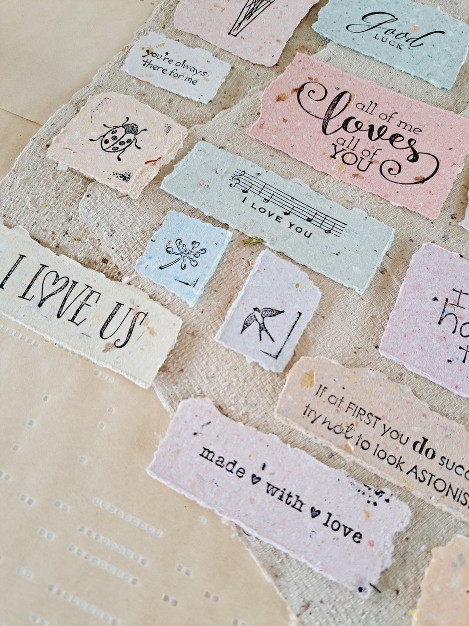 Handmade Stamped Recycled Paper Ephemera Pack: Junk Journal Supplies, 20 small pieces