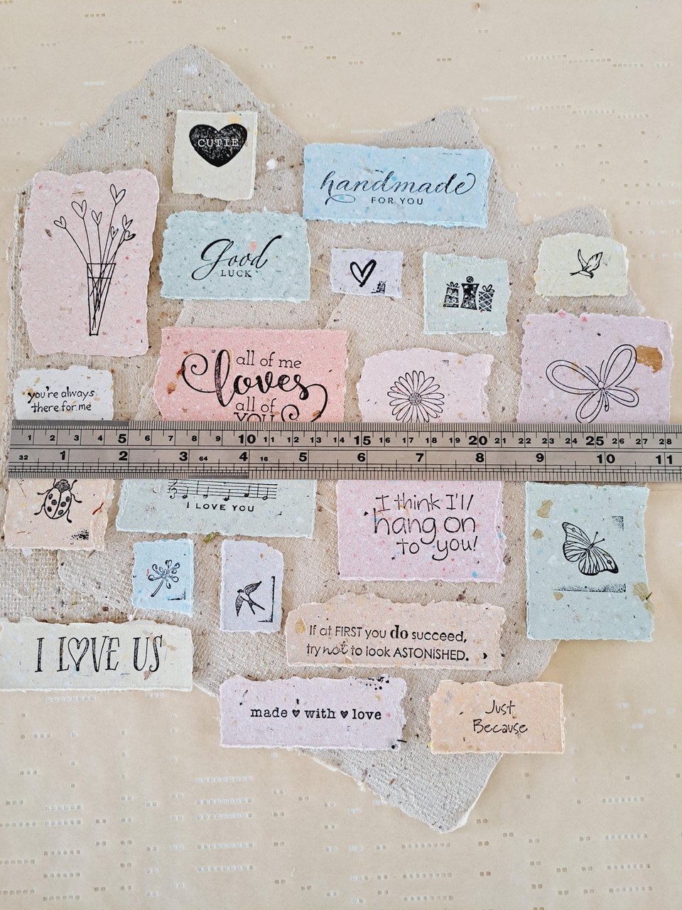 Handmade Stamped Recycled Paper Ephemera Pack: Junk Journal Supplies, 20 small pieces