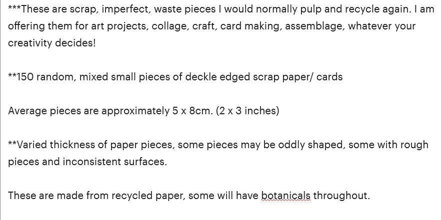 Box of 150 REJECTED Handmade Recycled Paper Scrap Pieces. Small damaged and misshapen cards for Art Project with deckle edge.