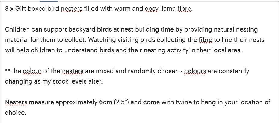 8 Bird Nesters: Gift boxed colourful stocking stuffers for children, teachers. Backyard bird lover, gardener and nature play accessory.