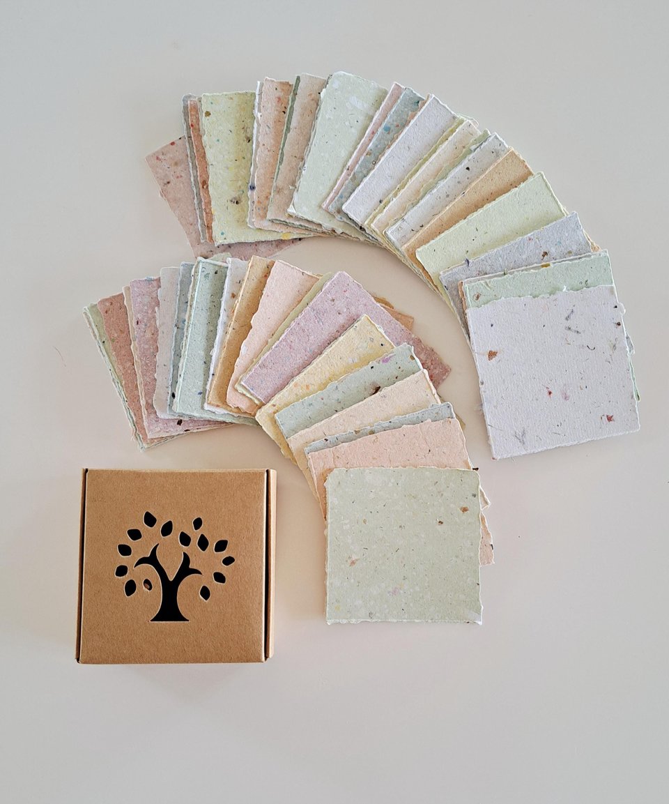 Box of Note Paper. 50 Handmade small sheets. 3 inch sqaure Recycled Note Paper. Gift Boxed. Deckle edge and Hand Torn pieces